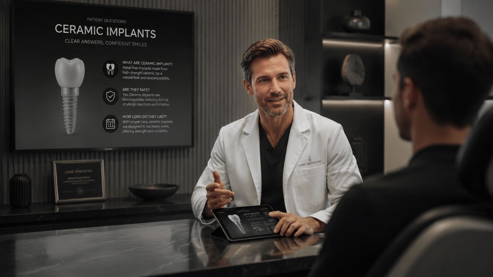 A professional dentist discussing ceramic implants with a patient in a modern, stylish dental clinic office.