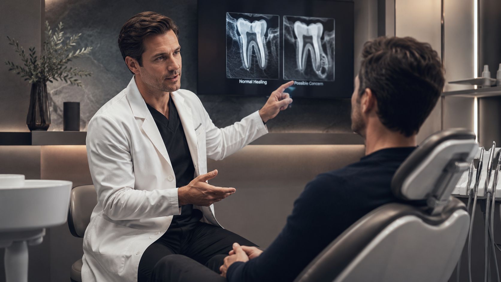 A professional dentist discussing dental X-rays of tooth recovery with a patient in a modern dental office.