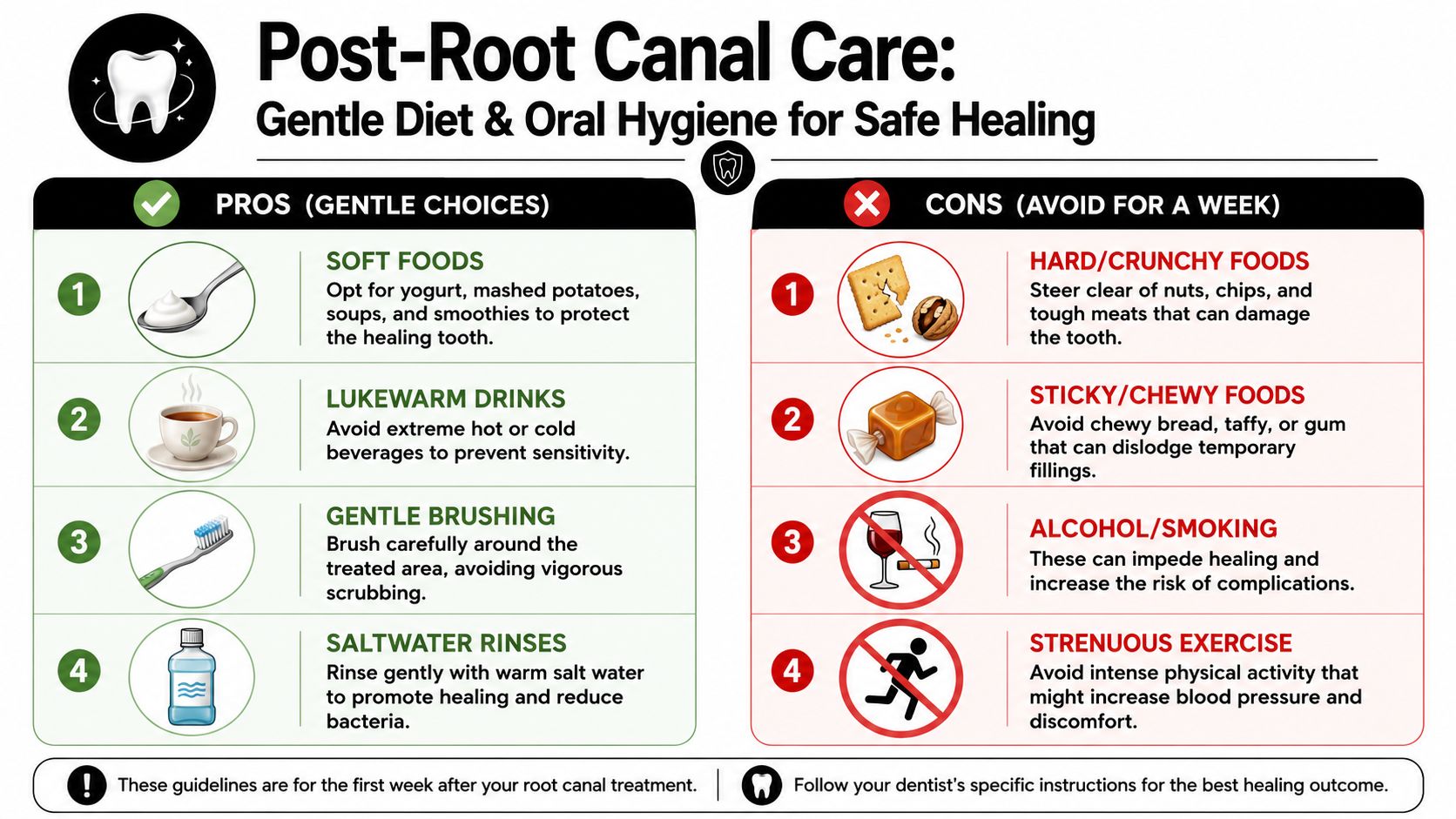 An infographic detailing dietary and hygiene recommendations for effective healing following a dental root canal procedure.