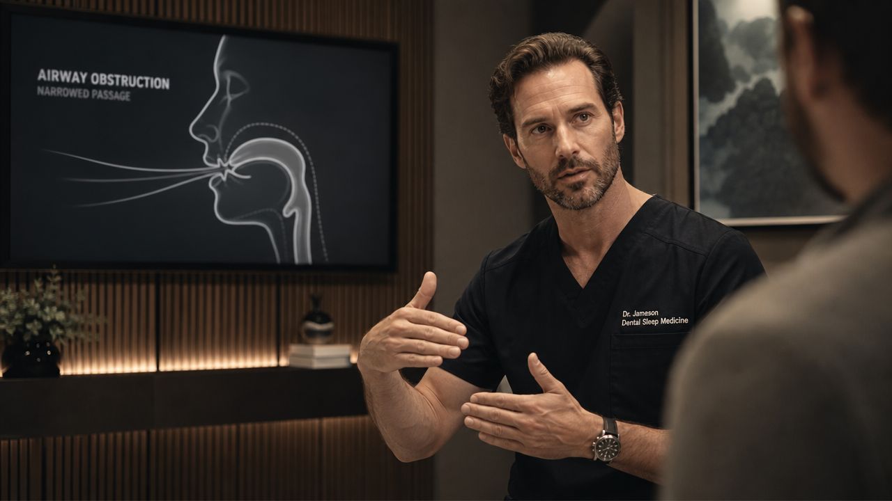 A professional doctor explaining sleep apnea causes using an educational airway obstruction diagram on a screen.