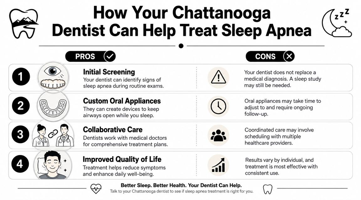 An infographic illustrating the pros and cons of using a Chattanooga dentist for treating sleep apnea.
