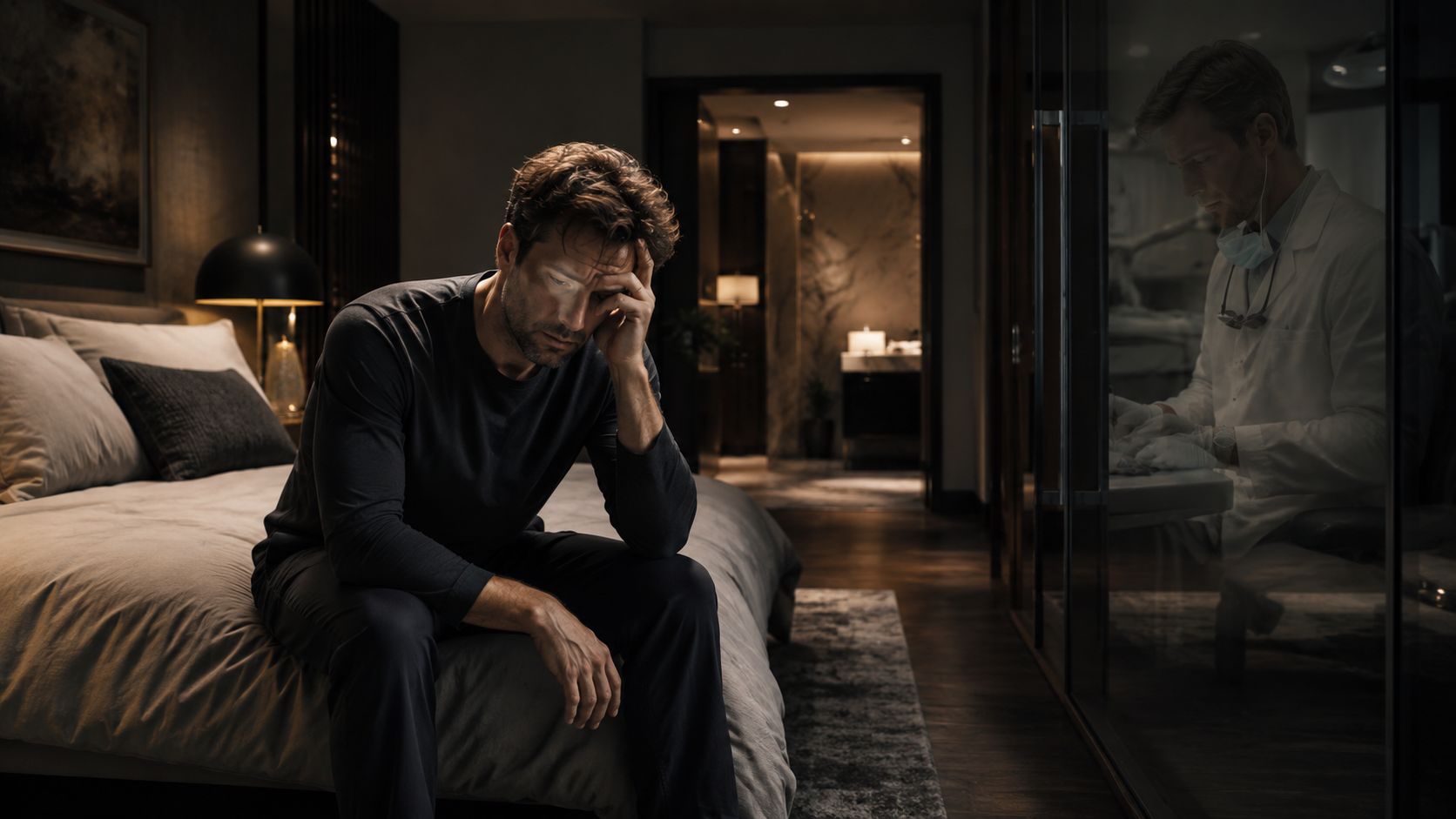 A distressed man sitting on a bed reflecting on health concerns while a doctor appears in reflection.
