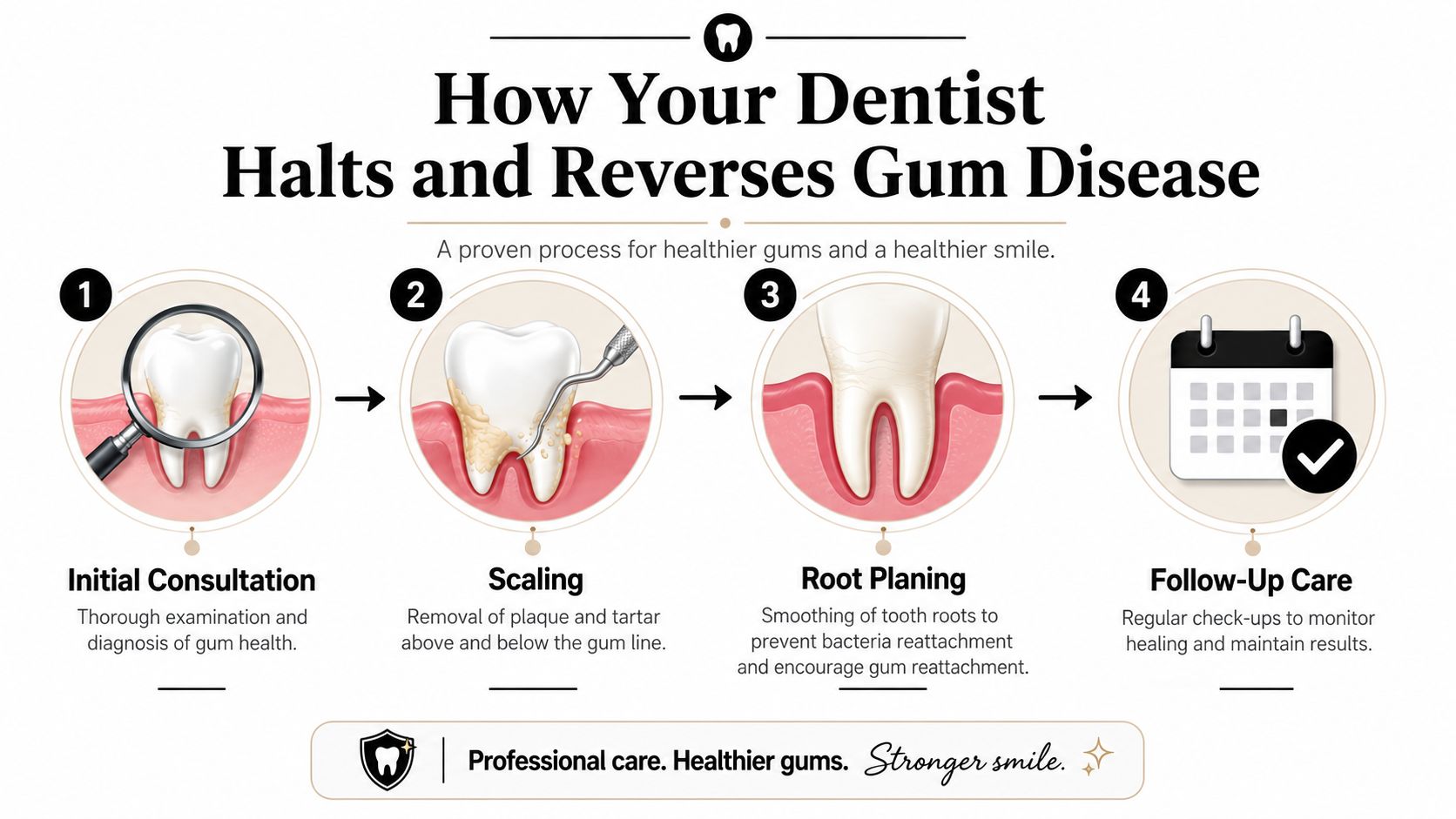 An infographic detailing the four-step dental process to halt and reverse gum disease professionally.