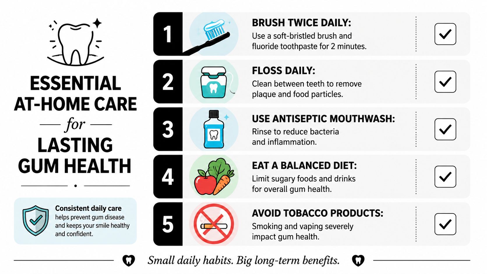 A five-step infographic guide on essential at-home oral care habits for maintaining healthy gums and teeth.