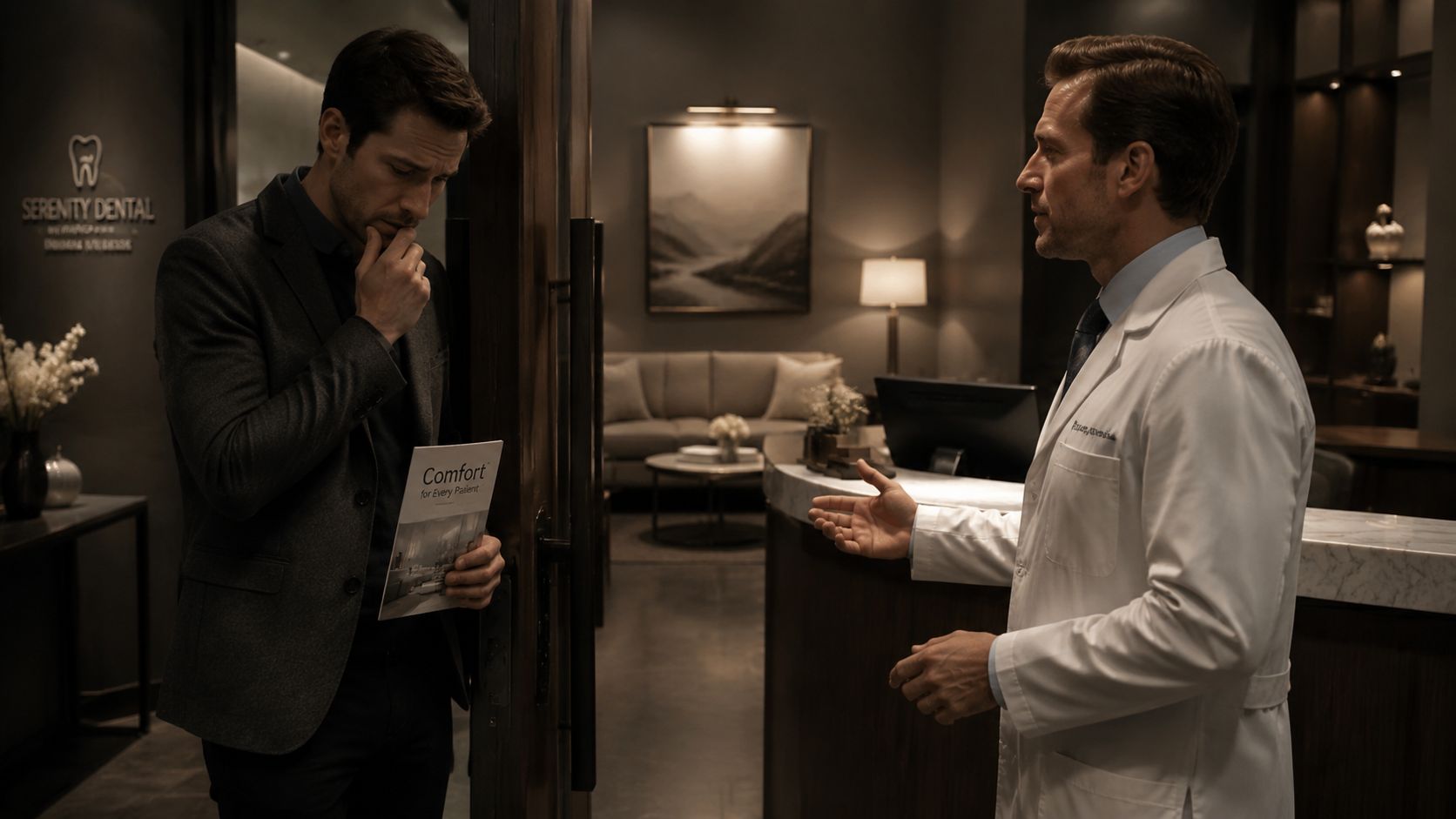 A concerned patient standing in a dental office lobby while speaking with a professional dentist.