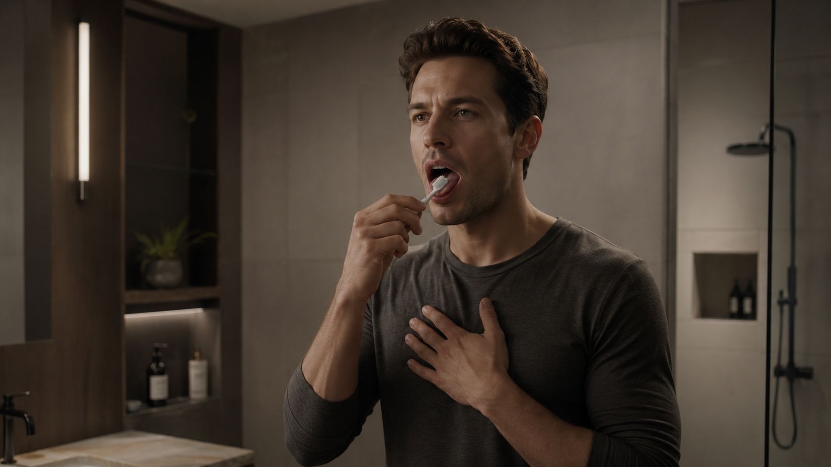 A man in a modern bathroom brushing his tongue with a toothbrush to help manage gag reflex.