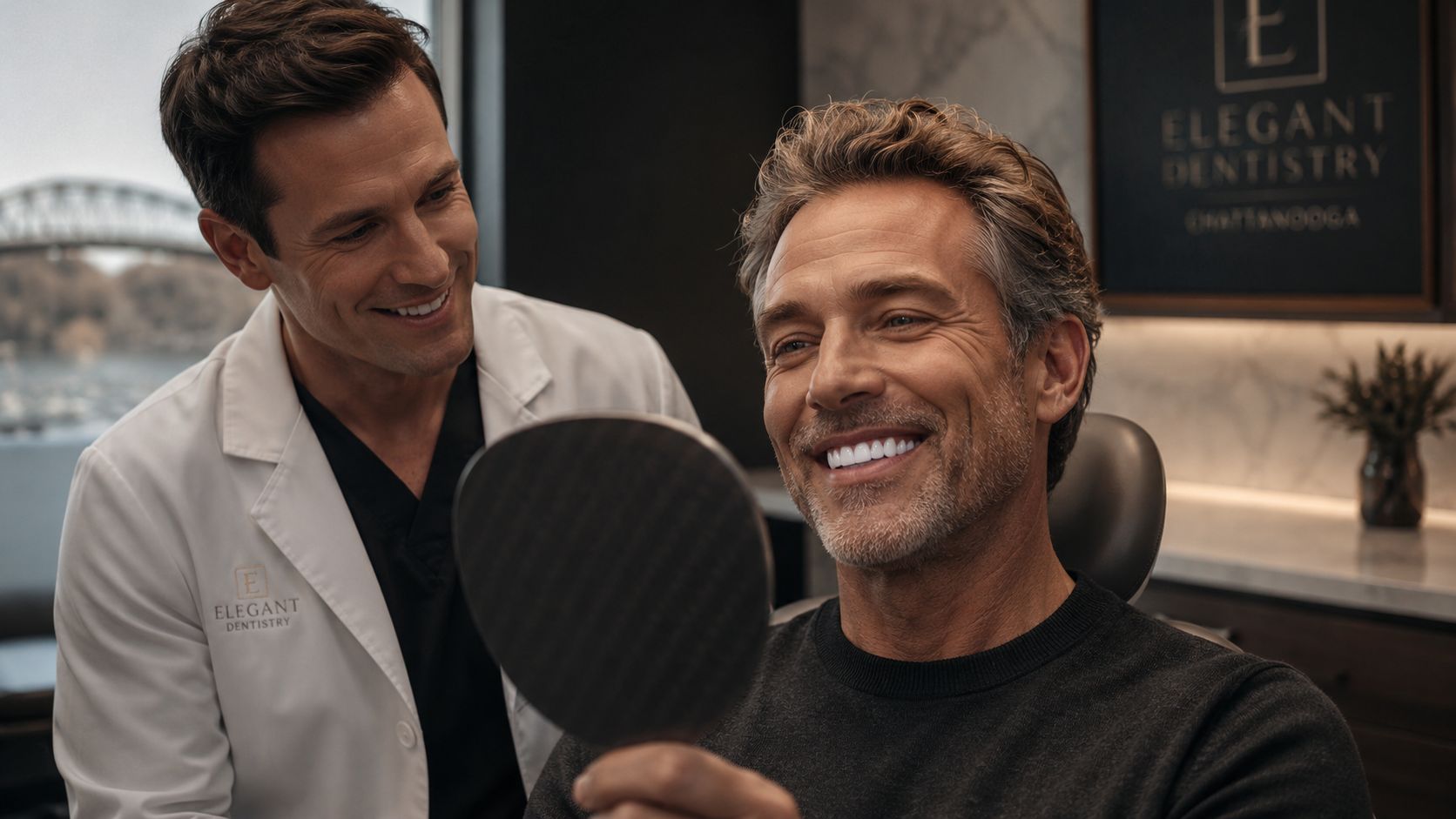 A male dentist smiling at a patient who is inspecting his new white dental implants in a mirror.