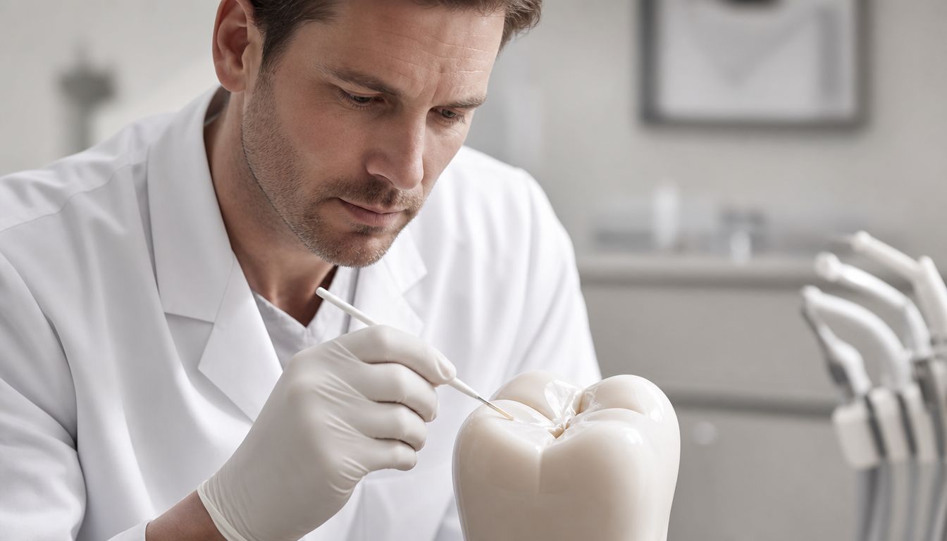 A professional dentist in a white coat examines a large anatomical model of a human molar tooth.