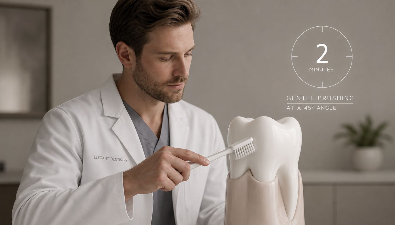A dentist wearing a white coat demonstrates proper tooth brushing technique on a model of a molar.