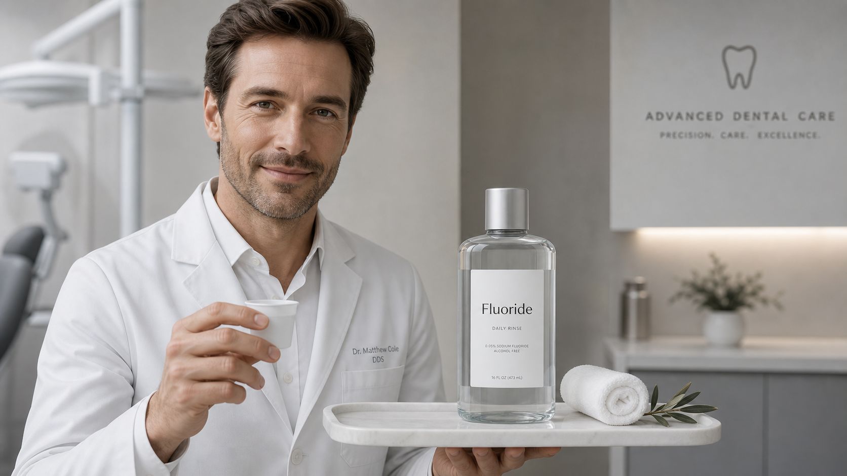 A professional dentist holding a mouthwash bottle and a small cup in a modern dental clinic setting.