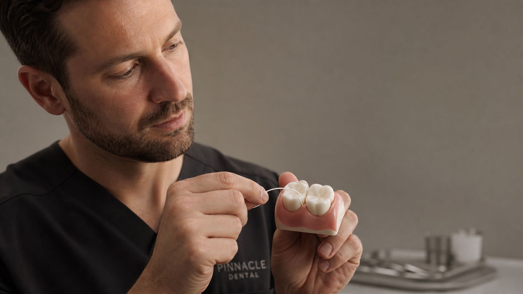 A professional dentist demonstrates proper flossing technique on a model of teeth for cavity prevention.