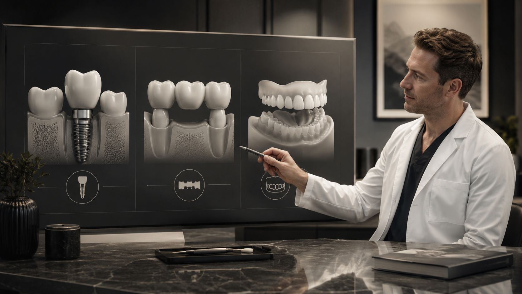 A male dentist in a white coat points at a screen displaying dental implant and bridge procedures.