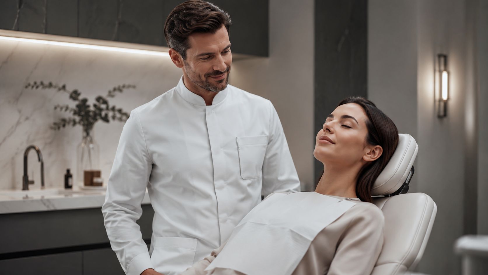 A professional dentist looking down at a relaxed female patient sitting in a modern dental examination chair.