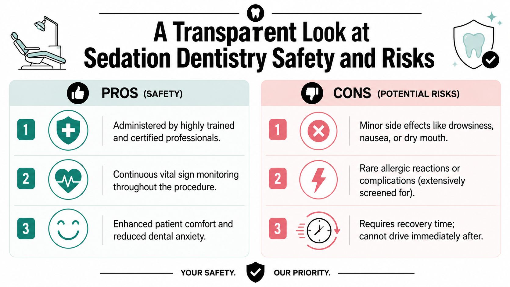A dental infographic detailing the safety benefits and potential risks associated with various forms of sedation dentistry.