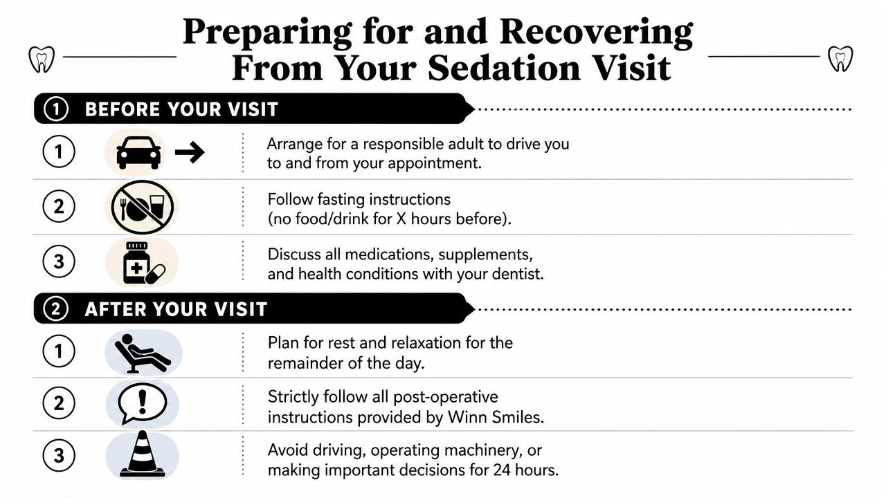 An infographic checklist for patients preparing for and recovering from a sedation dentistry appointment at a clinic.