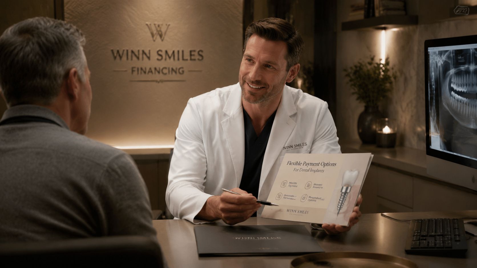 A professional dentist discussing flexible payment options for dental implants with a patient in a modern office.