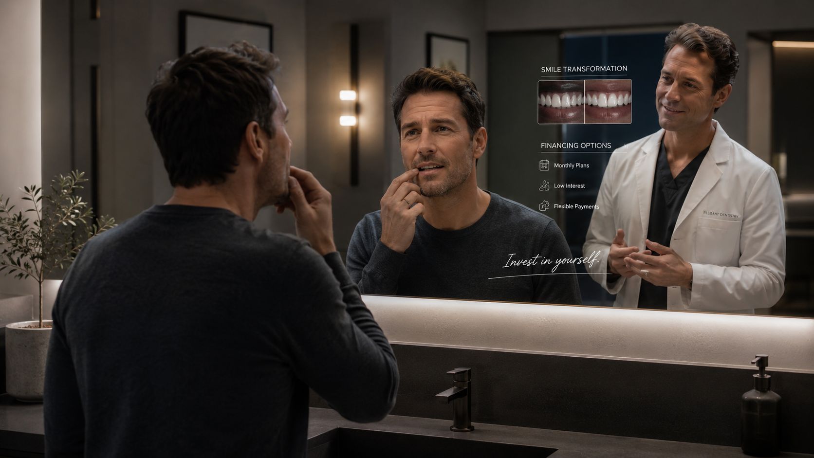 A man looking into a smart mirror displaying a dental smile transformation and financing options.