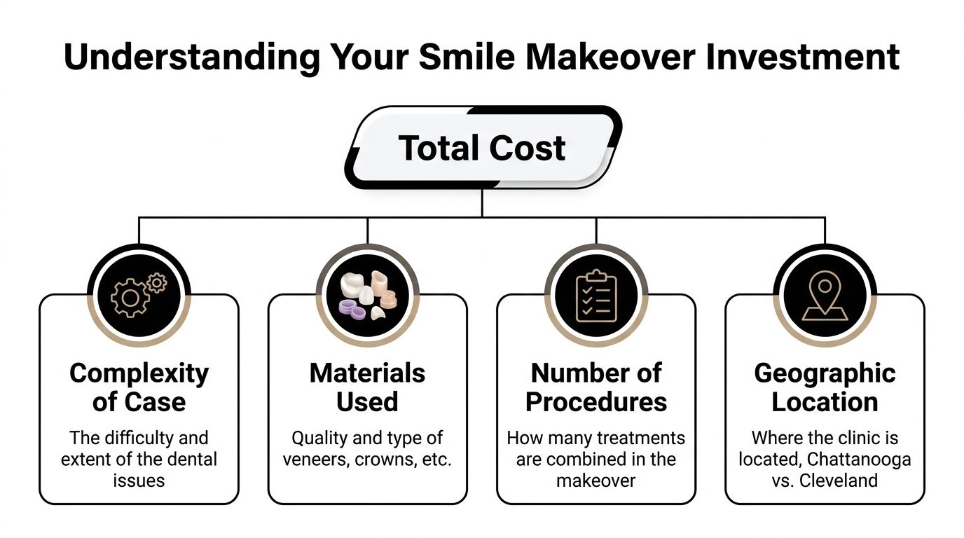 An infographic titled Understanding Your Smile Makeover Investment, detailing four primary factors that determine the total cost.