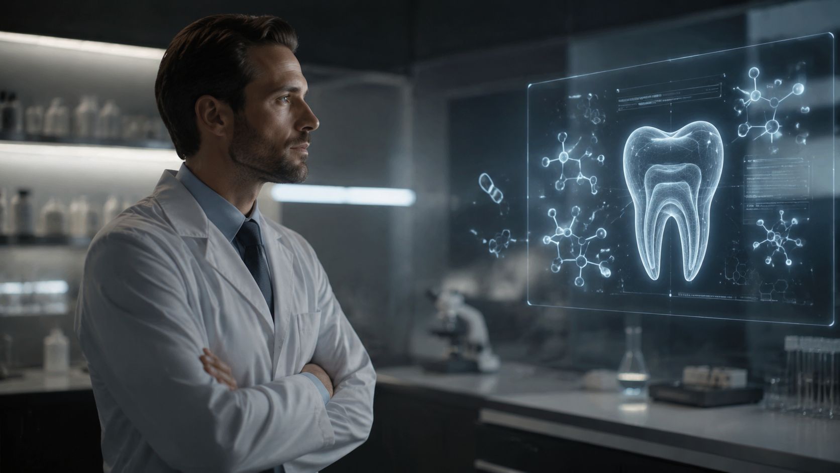 A professional researcher in a laboratory observing a holographic projection of a human tooth and chemical structures.