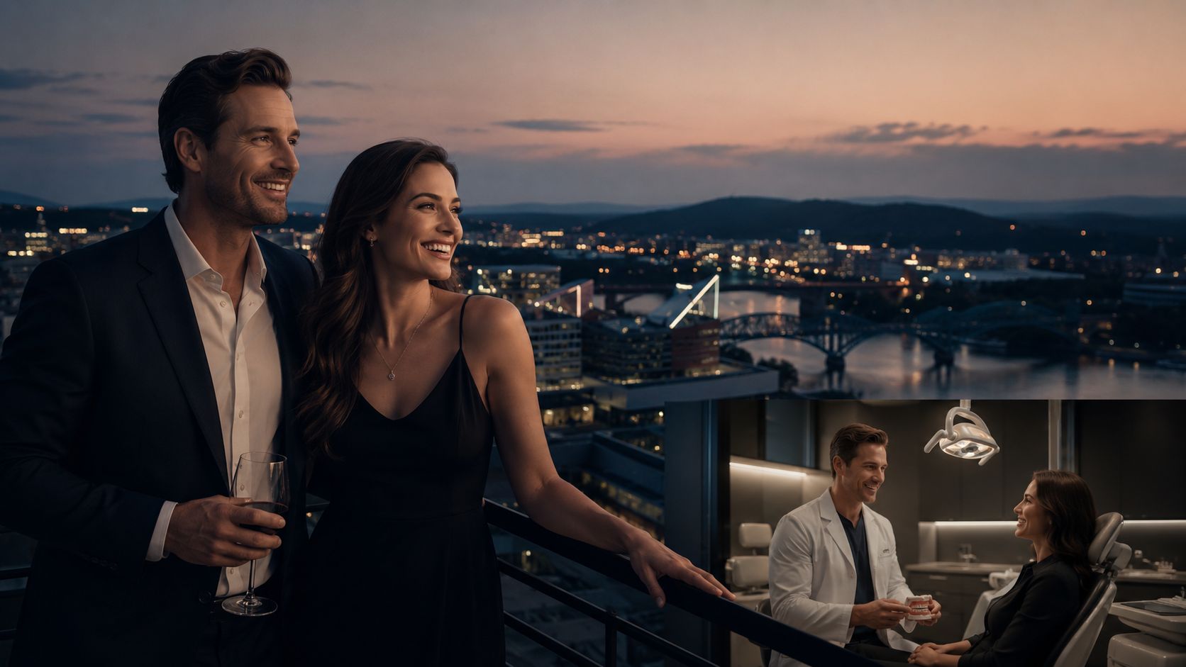 A split-screen image comparing a couple enjoying a night out and a dentist consulting with a patient.
