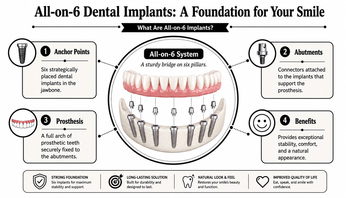 An infographic detailing the All-on-6 dental implant system, showing the implants, abutments, and prosthetic bridge components.