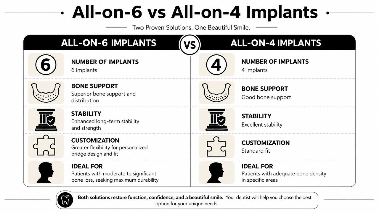 A comparison chart outlining the key differences and features of All-on-6 versus All-on-4 dental implants.
