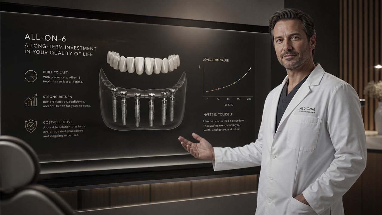 A professional dentist presenting information about the All-on-6 dental implant procedure on a digital display board.