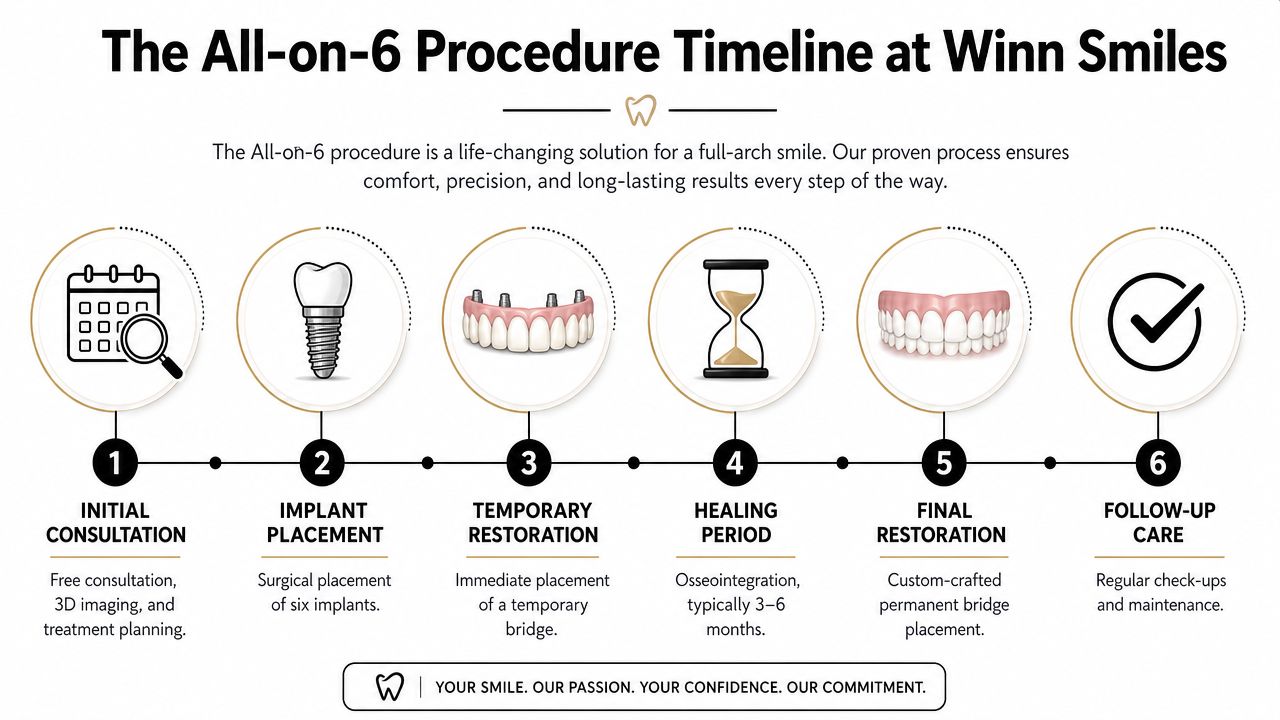 A six-step infographic illustrating the All-on-6 dental implant procedure timeline from initial consultation to follow-up care.