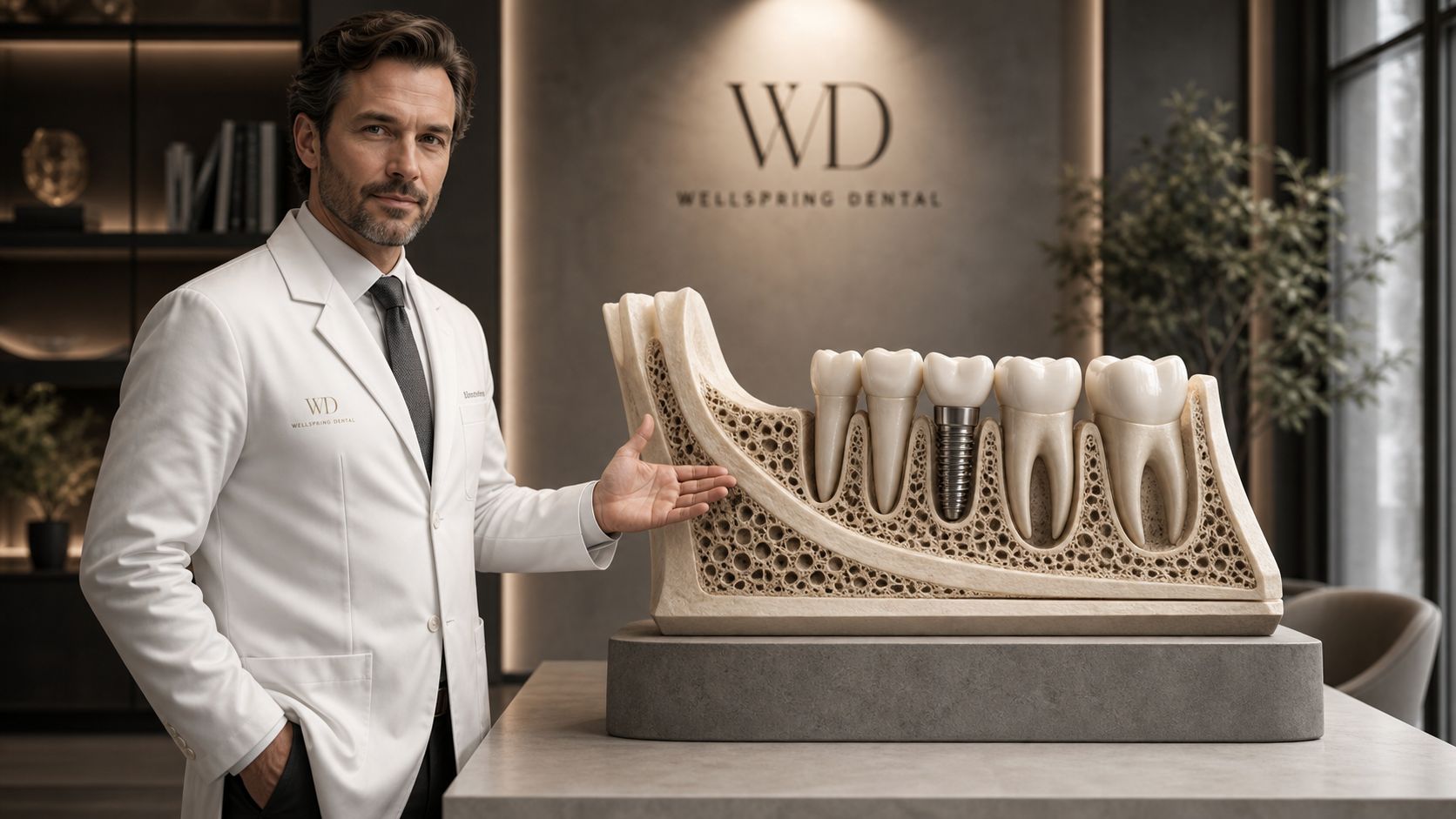 A professional dentist presenting a detailed anatomical model showing a dental implant procedure in the jawbone.