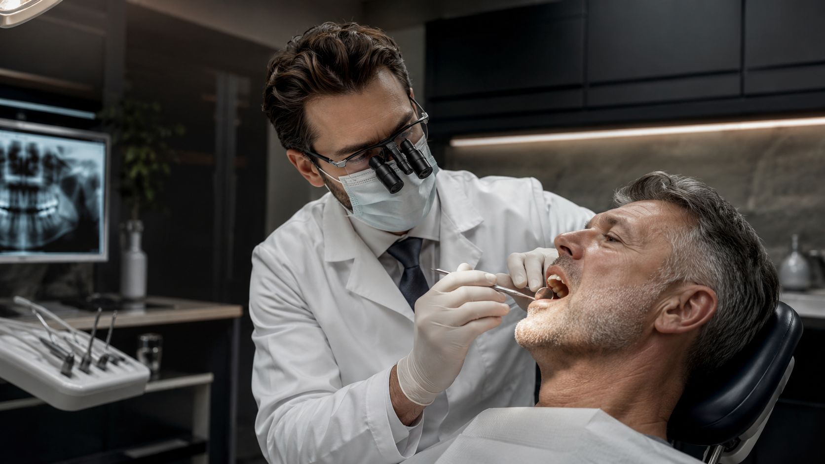 A professional dentist examining a patient's teeth in a modern dental office using magnification loupes.