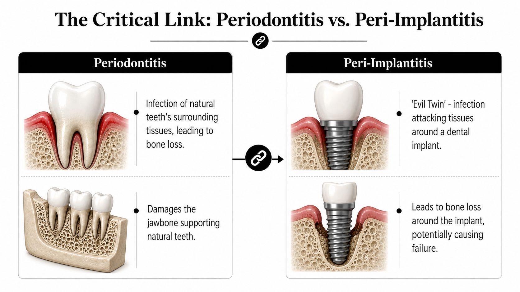 An infographic showing the link between periodontitis and peri-implantitis affecting teeth, implants, and supporting bone structure.