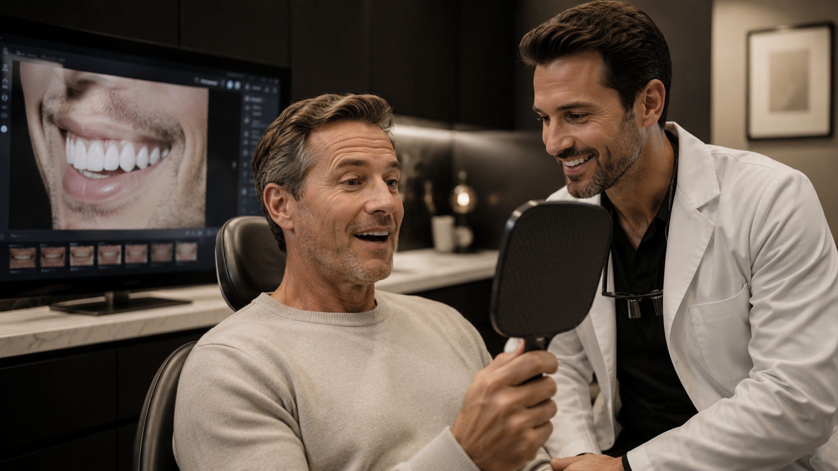 A dentist shows a patient his new smile using a handheld mirror during a dental consultation.