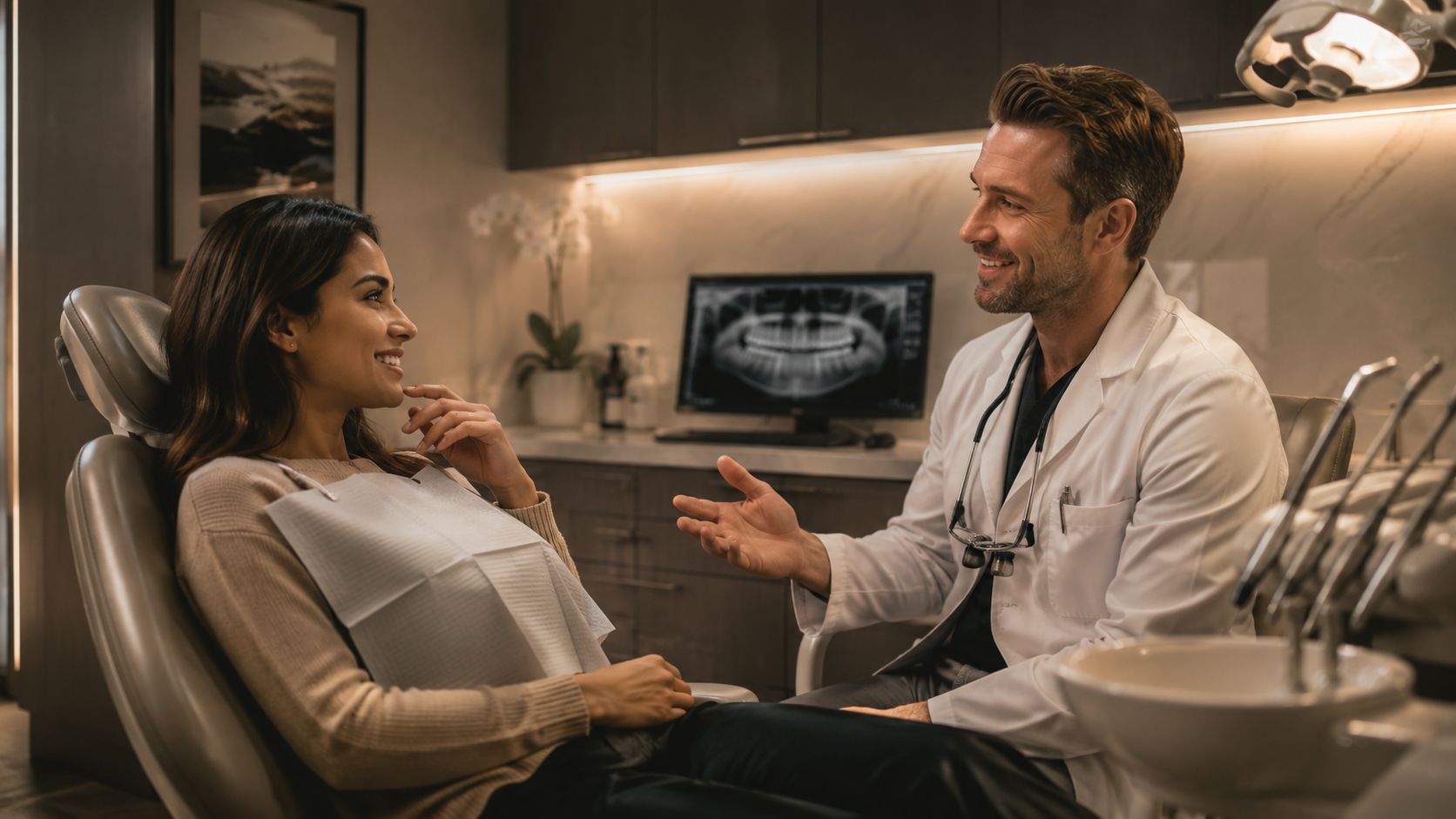 A friendly dentist consults with a female patient about her dental health in a modern clinical office.