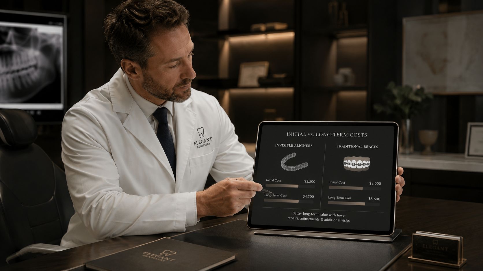 A dentist explains the cost difference between invisible aligners and traditional braces using a digital tablet display.