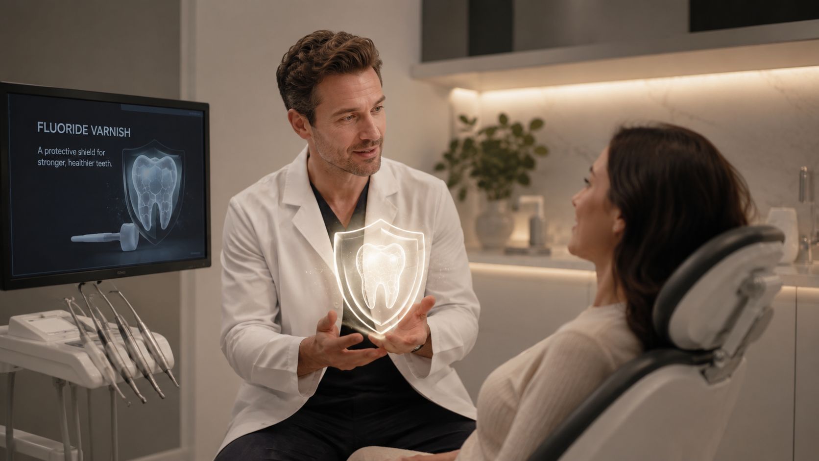 A dentist explains the benefits of fluoride varnish treatment to a patient using a digital hologram display.