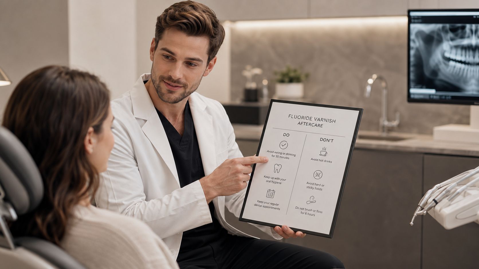 A professional dentist explaining fluoride varnish aftercare instructions to a patient in a modern dental office.