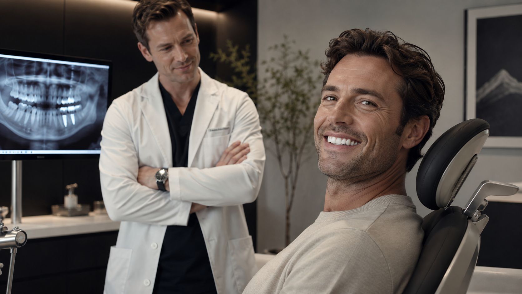 A male dentist smiling at a patient sitting in a dental chair after an implant procedure.