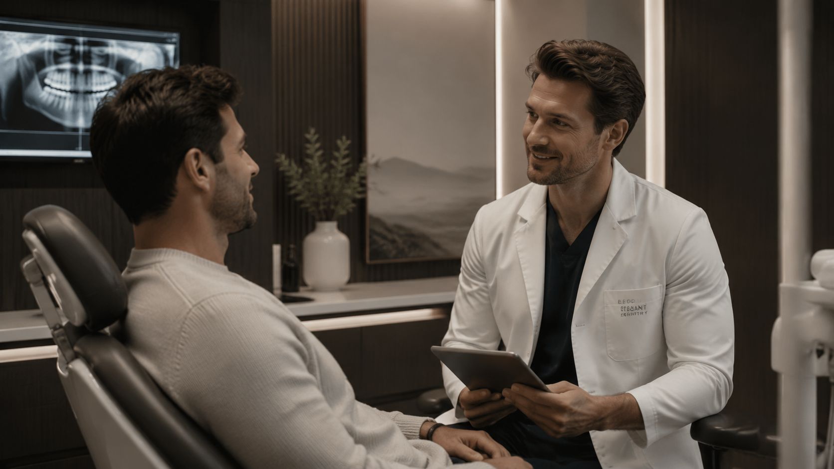 A friendly dentist reviews digital X-rays on a tablet with a patient during a new dental exam.