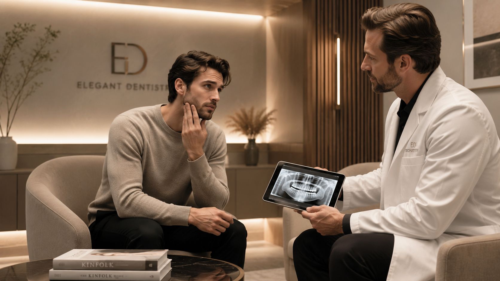 A male dentist explains a dental x-ray scan on a tablet to a concerned male patient.