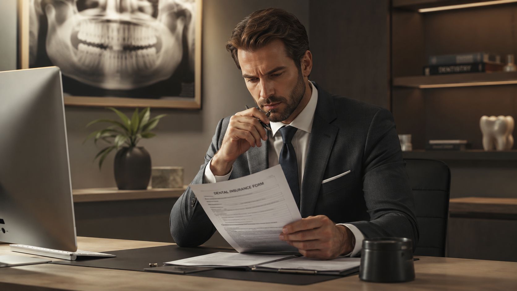 A professional dentist in a suit reviewing a dental insurance claim form at his desk.