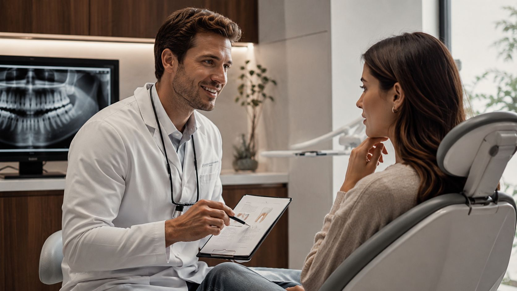 A compassionate male dentist explains a dental procedure to a female patient while holding a clipboard.