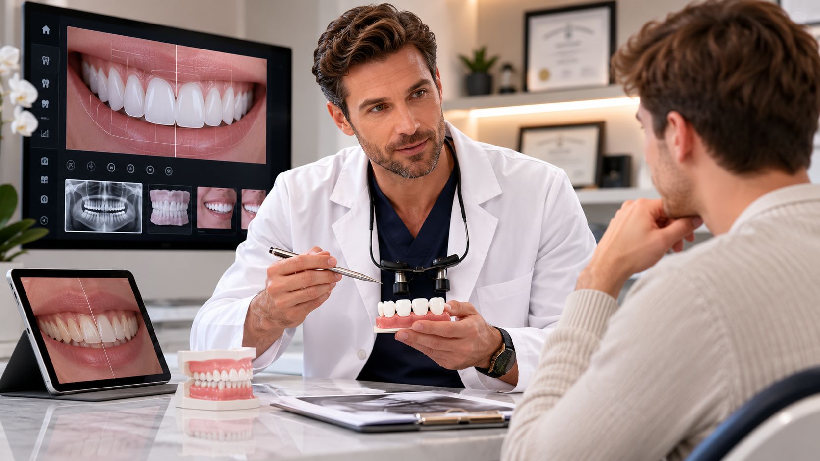 A professional dentist discussing dental veneers options with a patient in a modern clinical office setting.