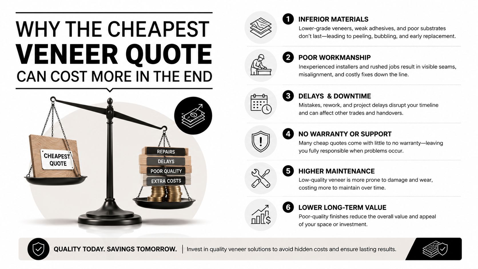 An infographic showing why choosing the cheapest veneer quote leads to higher long-term costs and maintenance.