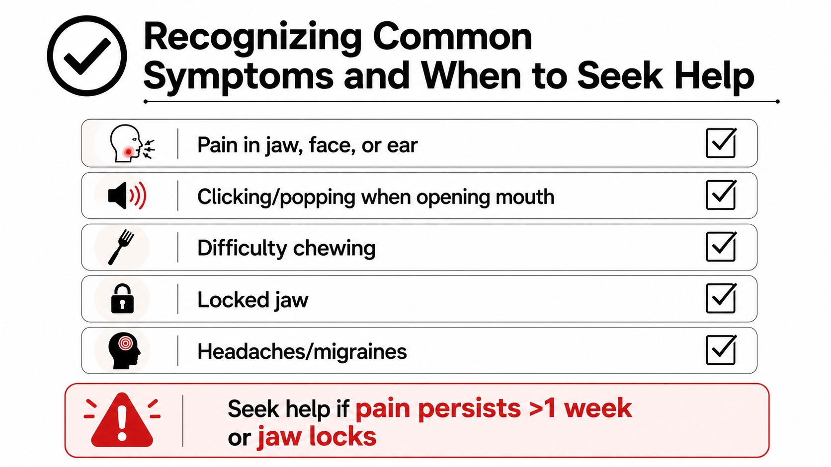 A checklist infographic listing common symptoms of TMJ disorder and advice on when to seek medical help.