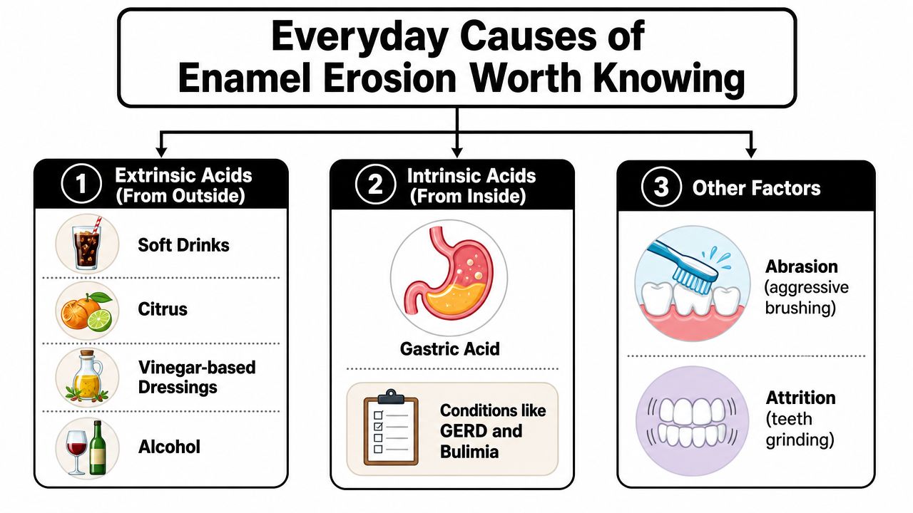 An infographic showing the three main categories of enamel erosion: extrinsic acids, intrinsic acids, and other factors.