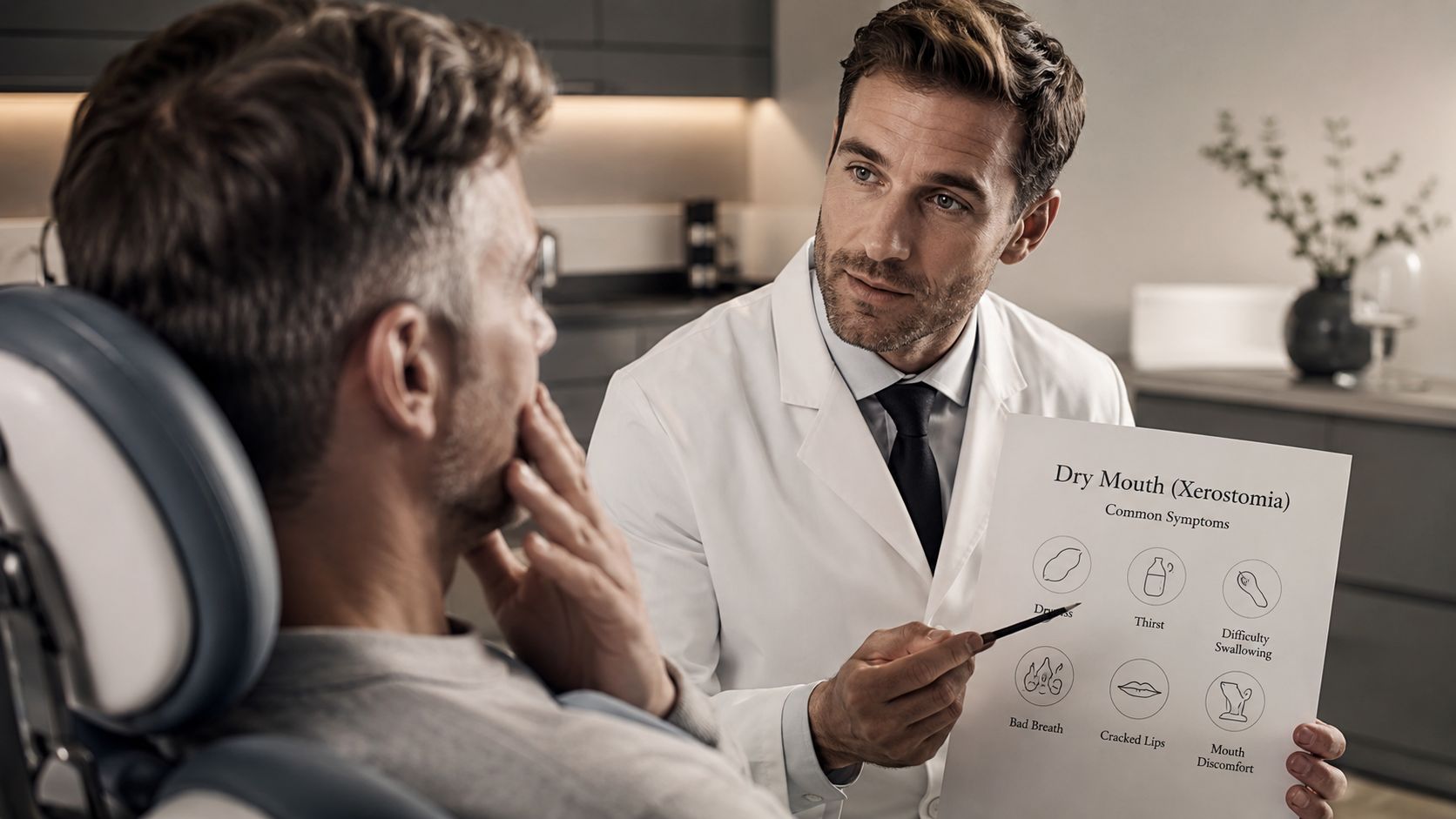 A dentist explaining dry mouth symptoms to a patient using an educational chart in his office.
