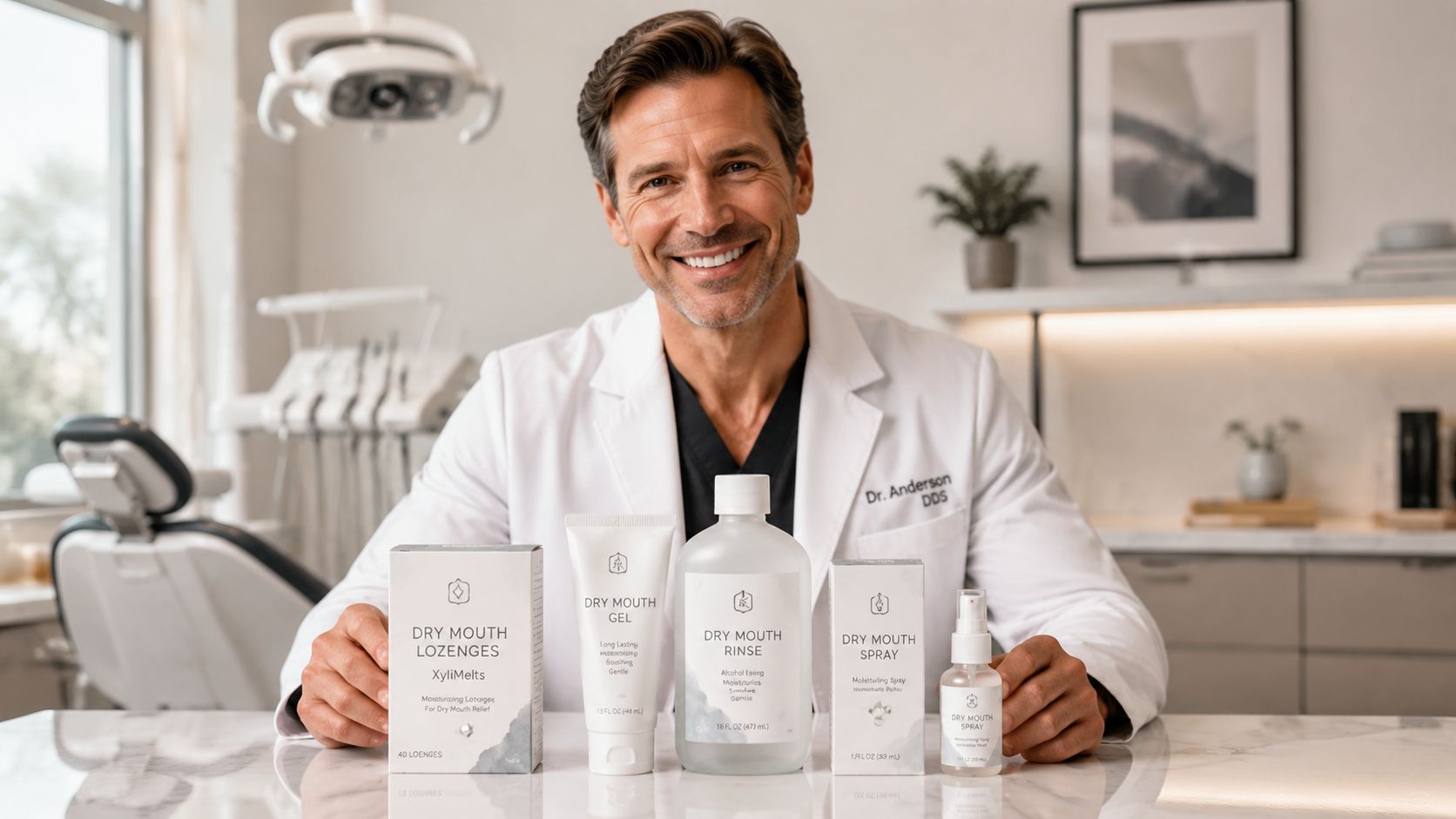 A smiling dentist in a white coat sits behind a table presenting a collection of dry mouth products.