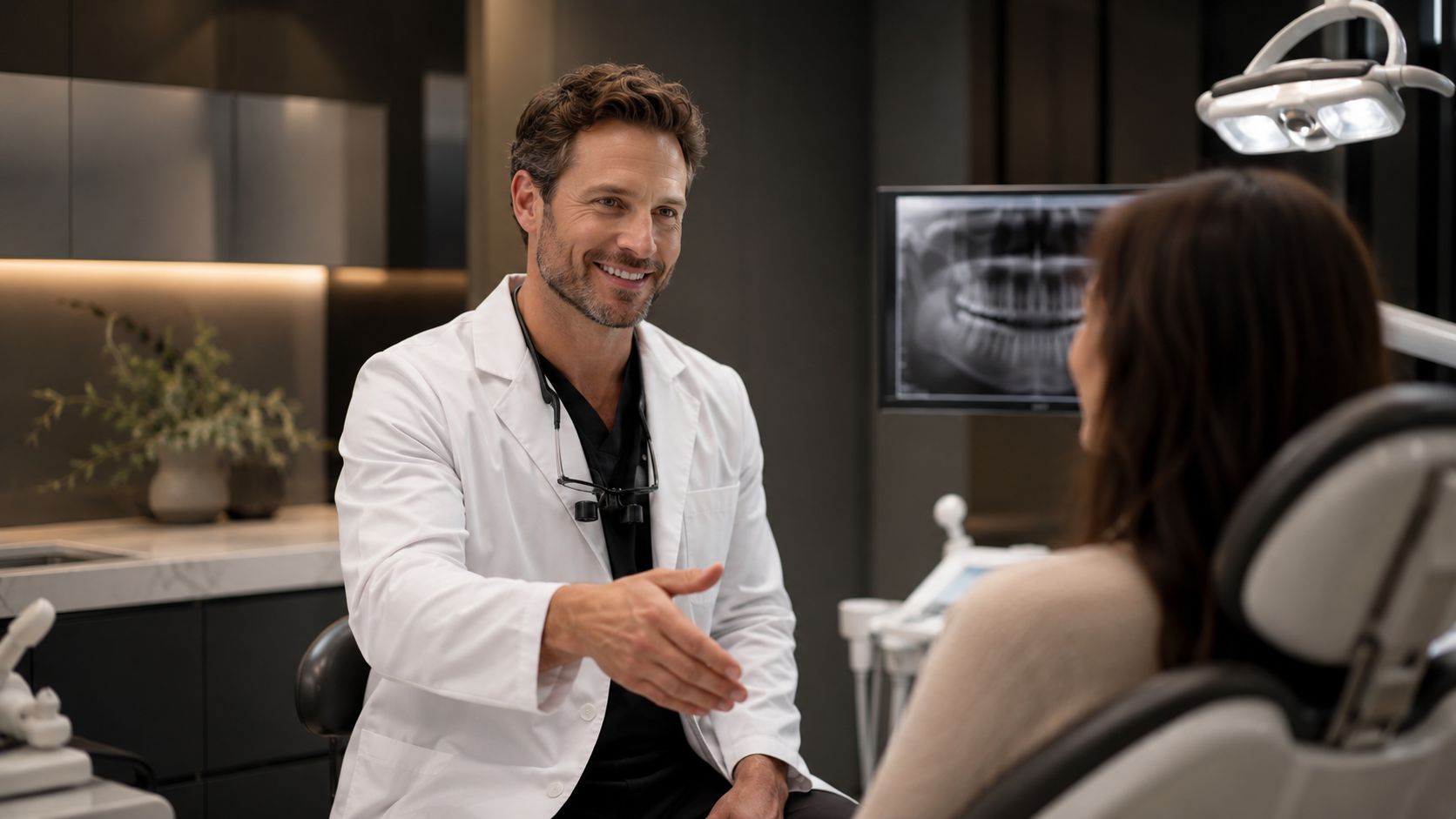 A friendly male dentist in a white coat smiling and gesturing towards a patient in his office.