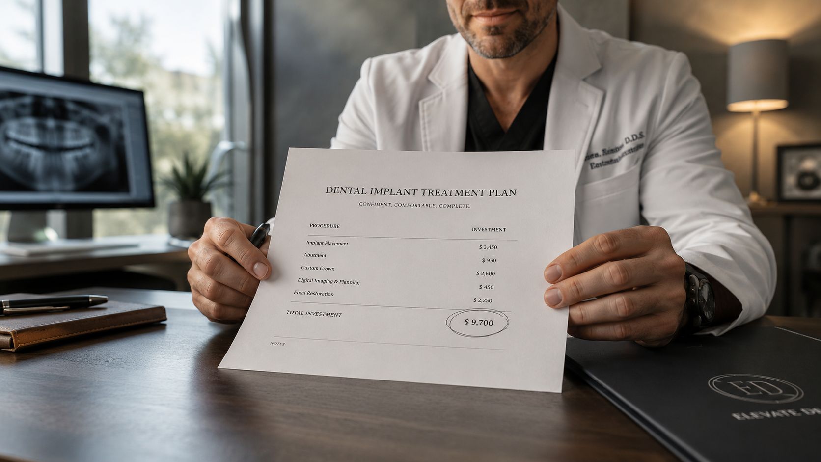 A dentist in a white coat holds a dental implant treatment plan showing the total cost.