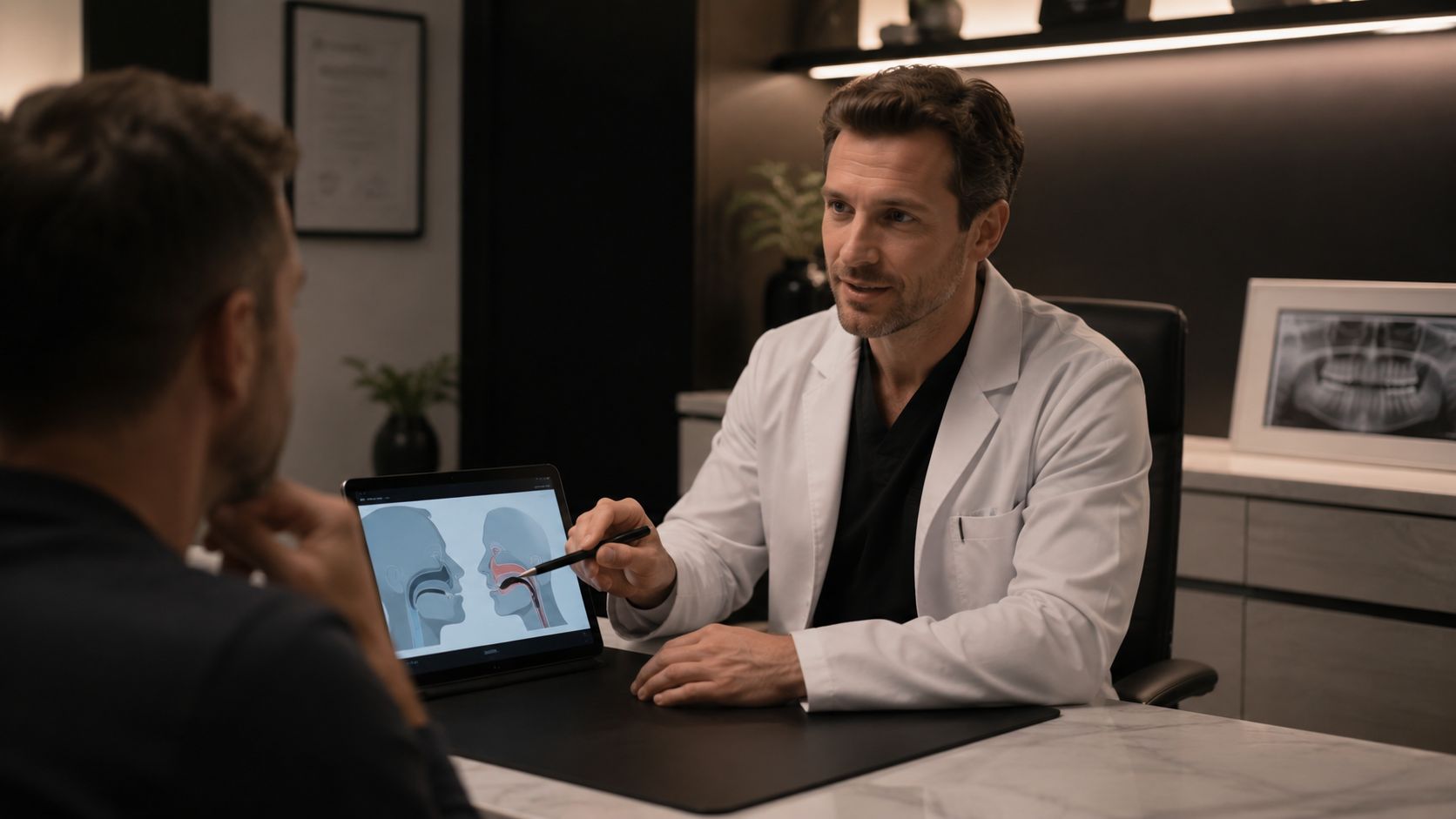 A doctor in a medical coat explains sleep apnea treatment using a tablet diagram to his patient.